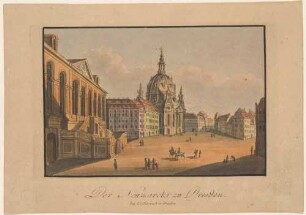 Der Neumarkt in Dresden nach Osten, links die Gemäldegalerie (Stallgebäude, Johanneum), mittig die Frauenkirche