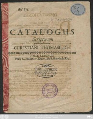 Catalogus Scriptorum publice editorum Christiani Thomasii, ICti.