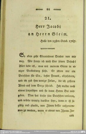 21. Herr Jacobi an Herrn Gleim. Halle den 23sten Octob. 1767