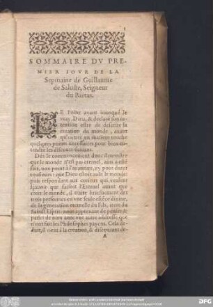Sommaire Du Premier Jour De La Sepmaine de Guillaume de Saluste, Seigneur du Bartas.