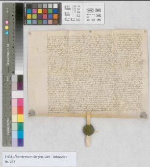 Tilmann Mychseners, Bürgers zu Siegen, Rentverschreibung an den Grafen Wilhelm von Nassau, anstatt einer ihm auferlegten Geldstrafe. Sonnabends nach Purific. Mariae