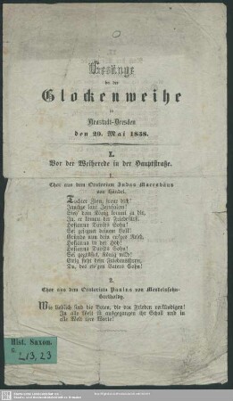 Gesänge bei der Glockenweihe in Neustadt-Dresden : den 20. Mai 1858