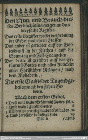 [Das erste Register weiset Ordnung der Gebet nach ihren Classen]