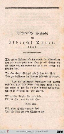 [V.] Dichterische Versuche von Albrecht Dürer