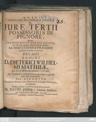 Disputatio Inauguralis Iuridica De Iure Tertii Possessoris In Pignore