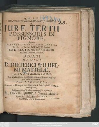 Disputatio Inauguralis Iuridica De Iure Tertii Possessoris In Pignore
