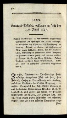 LXXX. Landtags-Abschied, vollzogen zu Zelle den 12ten Junii 1647.
