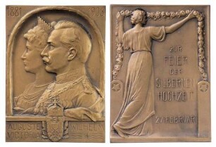 Fürstenhäuser, Sonderburg-Augustenburg; Auguste-Victoria, Deutsche Kaiserin, Königin von Preussen 1858 - ; Plakette auf die Silberhochzeit