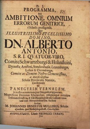 Programma de ambitione, omnium errorum genitrice, e scholis prostiganda
