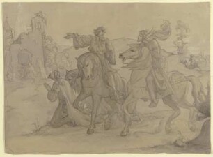 Ein berittener König weist einem Krieger zu Pferde den Weg zu einer Ruine, über der ein Stern strahlt