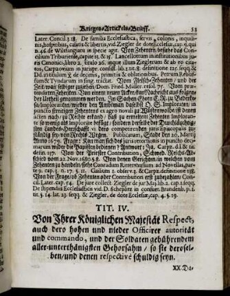 Tit. IV. Von Ihrer Königlichen Majestät Respect, auch dero hohen und nieder Officirer autorität und commando [...]