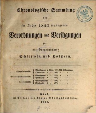 Chronologische Sammlung der im Jahre ... ergangenen Gesetze, Verordnungen und Verfügungen für die Herzogthümer Schleswig-Holstein. 1844