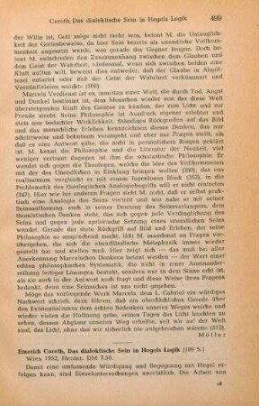 499-500 [Rezension] Coreth, Emerich, Das dialektische Sein in Hegels Logik