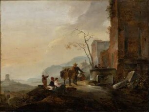 Italienische Landschaft mit Figuren an einem Brunnen bei antiken Ruinen