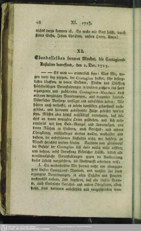 XI. Ebendesselben ferneres Mandat, die Contagions-Anstalten betreffend, den 2. Dec. 1713