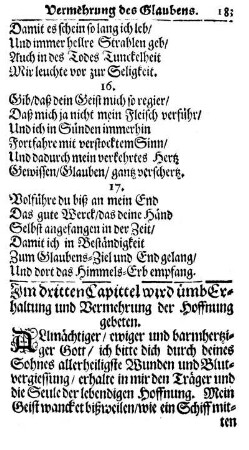 Im dritten Capittel wird umb Erhaltung und Vermehrung der Hoffnung gebeten.