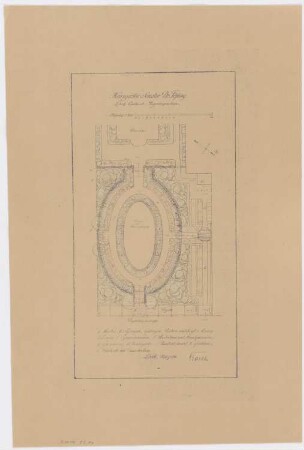 Garten Senator Dr. Fehling, Lübeck: Hausgarten mit Bassin im Grundriss 1:200, Maßstabsleiste, Bezeichnung einzelner Teile, Legende