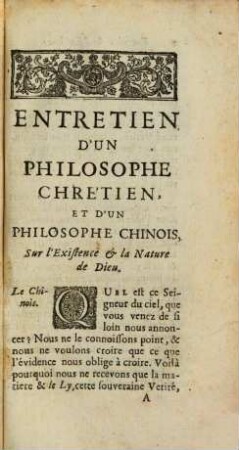 Entretien d'un philosophe chrestien et d'un philosophe chinois sur l'existence et la nature de Dieu