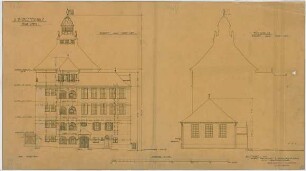 Fischer, Theodor; Stuttgart, Heusteigstr.; Sammelschulhaus - Nordost (Ansicht); Turnhalle Nordost (Ansicht)