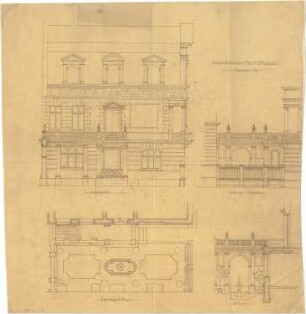 Thiersch, August ; Wohnhaus O. Strelin, Umbau - Grundriss 1. OG, Ansichten, Schnitt