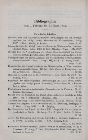 Bibliographie vom 1. Februar bis 31. März 1887.