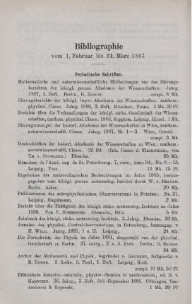Bibliographie vom 1. Februar bis 31. März 1887.