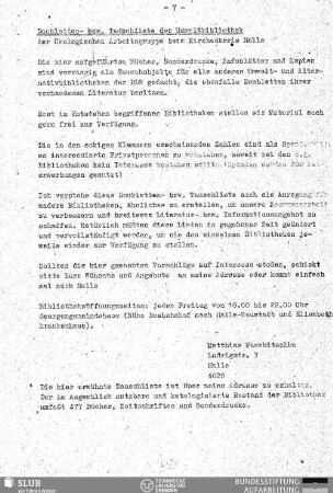 Doubletten- bzw. Tauschliste der Umweltbibliothek : der Ökologischen Arbeitsgruppe beim Kirchenkreis Halle