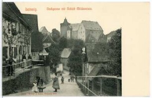 Leisnig. Bachgasse mit Schloss Mildenstein