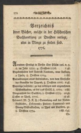 Verzeichniß derer Bücher, welche in der Hilscherschen Buchhandlung zu Dreßden verlegt, oder in Menge zu finden sind. 1776.