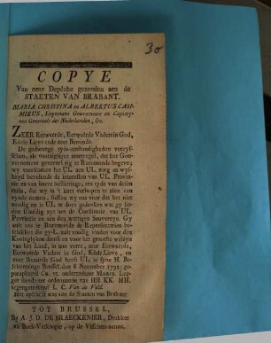 Copye Van eene Depêche gezonden aen de Staeten Van Brabant