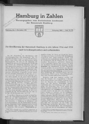 Die Bevölkerung der Hansestadt Hamburg in den Jahren 1946 und 1950 nach Verwaltungsbezirken und Gebietsteilen