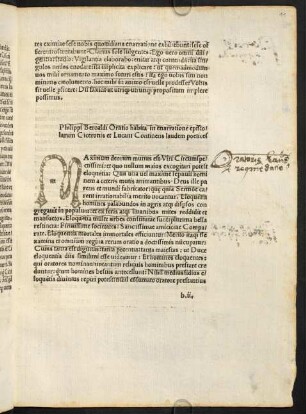 Philippi Beroaldi Oratio habita in enarratione epistolarum Ciceronis et Lucani Continens laudem poetices.