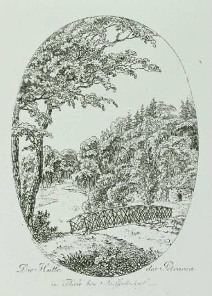 Die Hütte des Petrarca im Tal bei Seifersdorf : Seifersdorf, Brücke im Tal bei Petrarcahütte, Radierung
