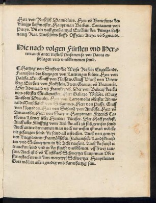 Hie nach volgen Fürsten und Herren/ auch ander treflich Personen/ so vor Pavia erschlagen und umbkommen seind.