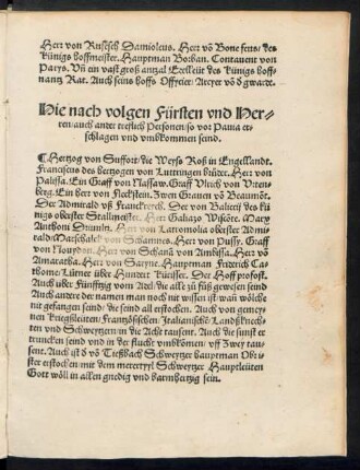 Hie nach volgen Fürsten und Herren/ auch ander treflich Personen/ so vor Pavia erschlagen und umbkommen seind.
