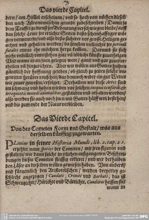 Das Vierde Capitel. Von des Cometen Form und Gestalt/was aus derselben künfftig zugewarten.