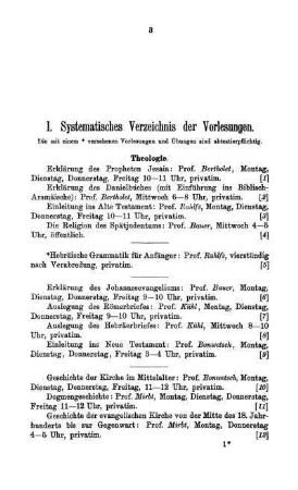 I. Systematisches Verzeichnis der Vorlesungen