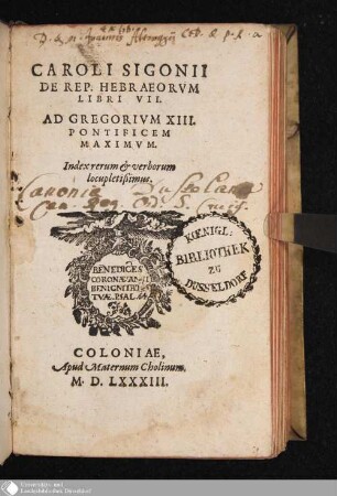 Caroli Sigonii De Rep. Hebraeorvm Libri VII. : Ad Gregorivm XIII. Pontificem Maximvm. Index rerum et verborum locupletissimus