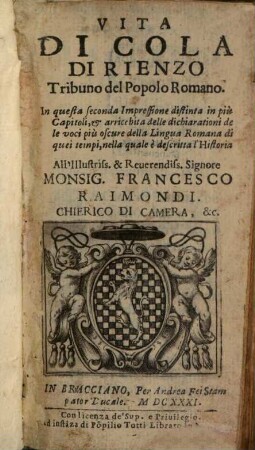 Vita di Cola di Rienzo tribuno del Popolo Romano