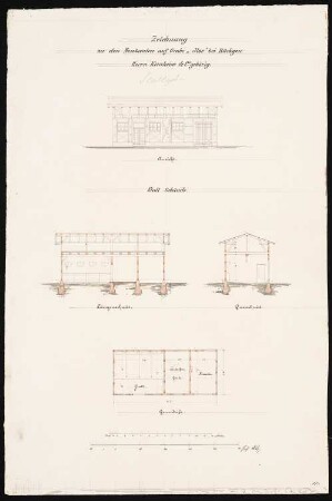 Grube Ilse (Kunheim & Co.), Großräschen/Bückgen Stallgebäude: Grundriss, Ansicht von der Traufseite, Längsschnitt, Querschnitt
