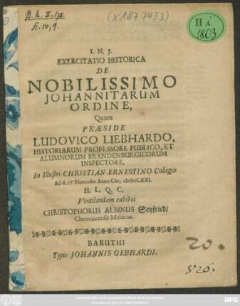 Exercitatio Historica De Nobilissimo Johannitarum Ordine