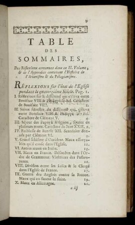 Table Des Sommaires, Des Réflexions contenues dans ce II. Volume, & de l'Appendice contenant l'Histoire de l'Arianisme & du Pélagianisme.