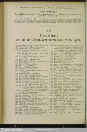 XX. Verzeichniß der bei der Stadt-Fernsprechanlage Betheiligten