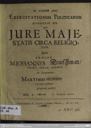 Exercitationum politicarum disputatio XII. de jure majestatis circa religionem