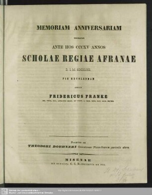 1858: Memoriam anniversariam dedicatae ante hos ... annos Scholae Regiae Afranae ... pie celebrandam indicit