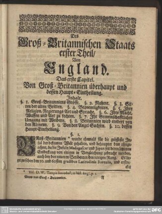 Des Groß-Britannischen Staats erster Theil, Von England