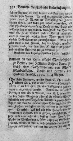 Antwort an den Herrn Moses Mendelssohn zu Berlin.