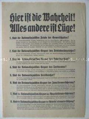 Wahlflugblatt der NSDAP zu den Preußischen Landtagswahlen mit Ausrichtung auf die Gewerkschaften