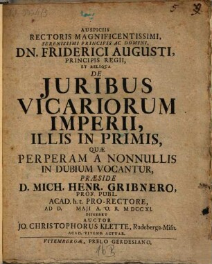 De iuribus vicariorum Imperii, illis in primis, quae perperam a nonnullis in dubium vocantur