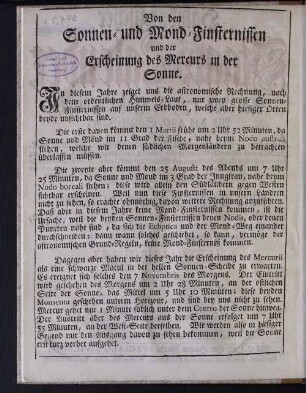 Von den Sonnen- und Mond-Finsternissen und der Erscheinung des Mercurs in der Sonne.